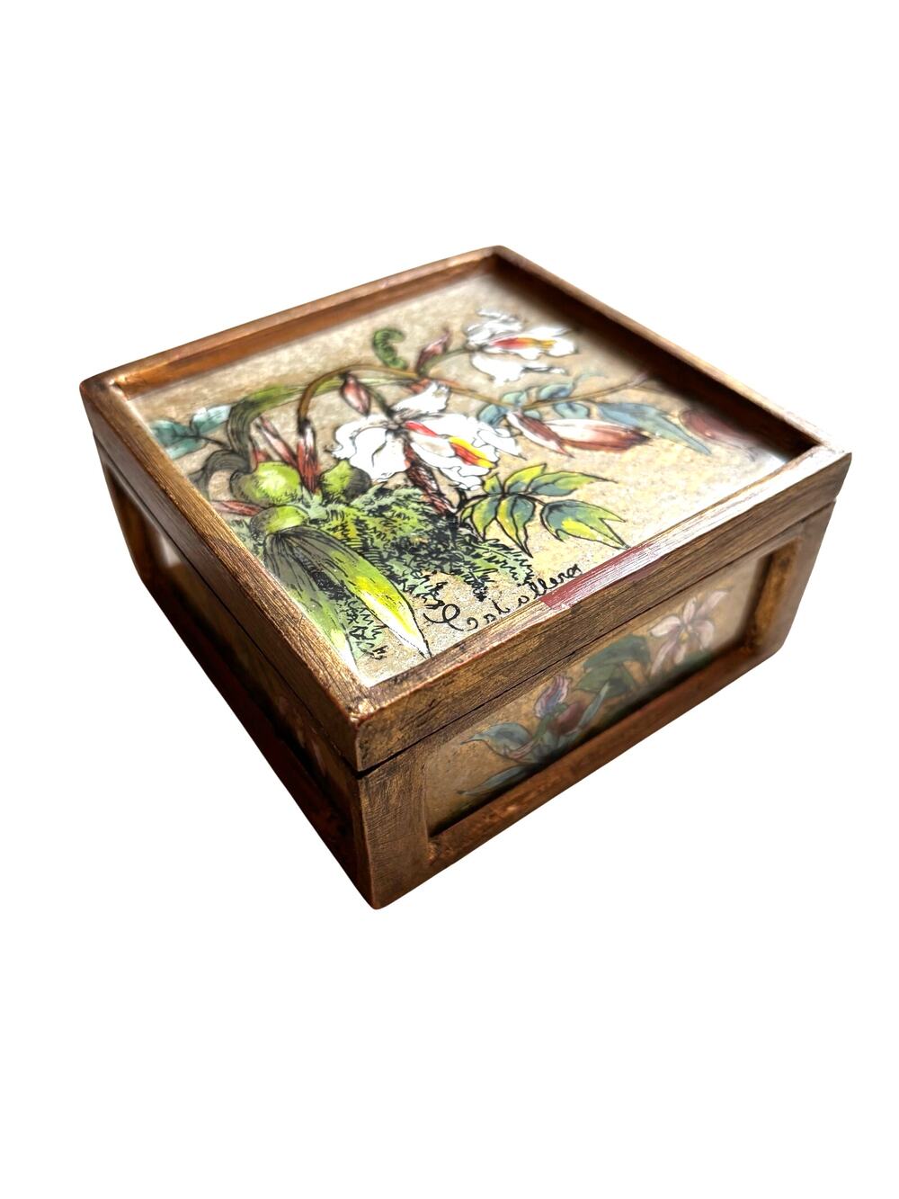 Vintage trinket box hinged lid wood hand painted floral glass & golden finish
